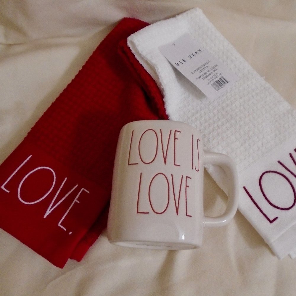 Rae Dunn LOVE themed mug and towel 3 piece set